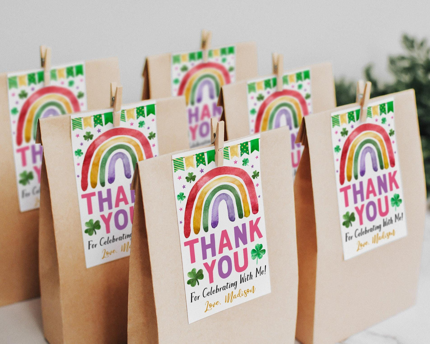 St Patricks Day Rainbow Birthday Party Favor Tags Editable Template, Shamrock Girl Birthday Thank You Treat Bag, St Paddy's Day Gift Tags