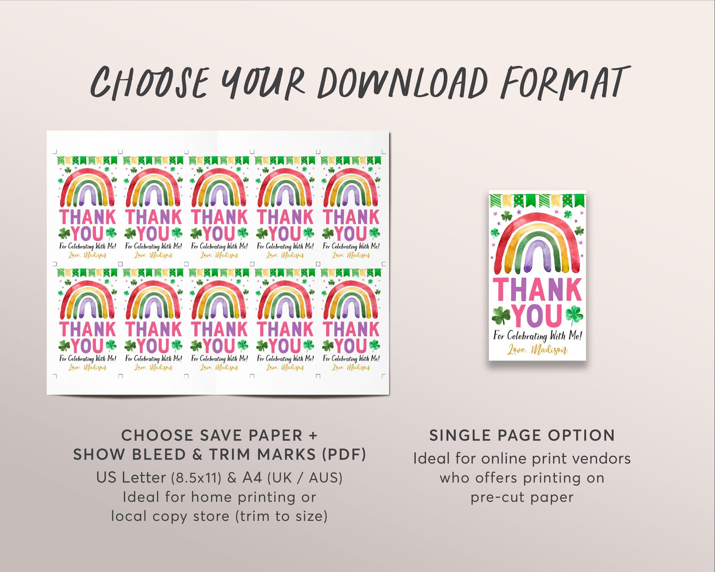St Patricks Day Rainbow Birthday Party Favor Tags Editable Template, Shamrock Girl Birthday Thank You Treat Bag, St Paddy's Day Gift Tags