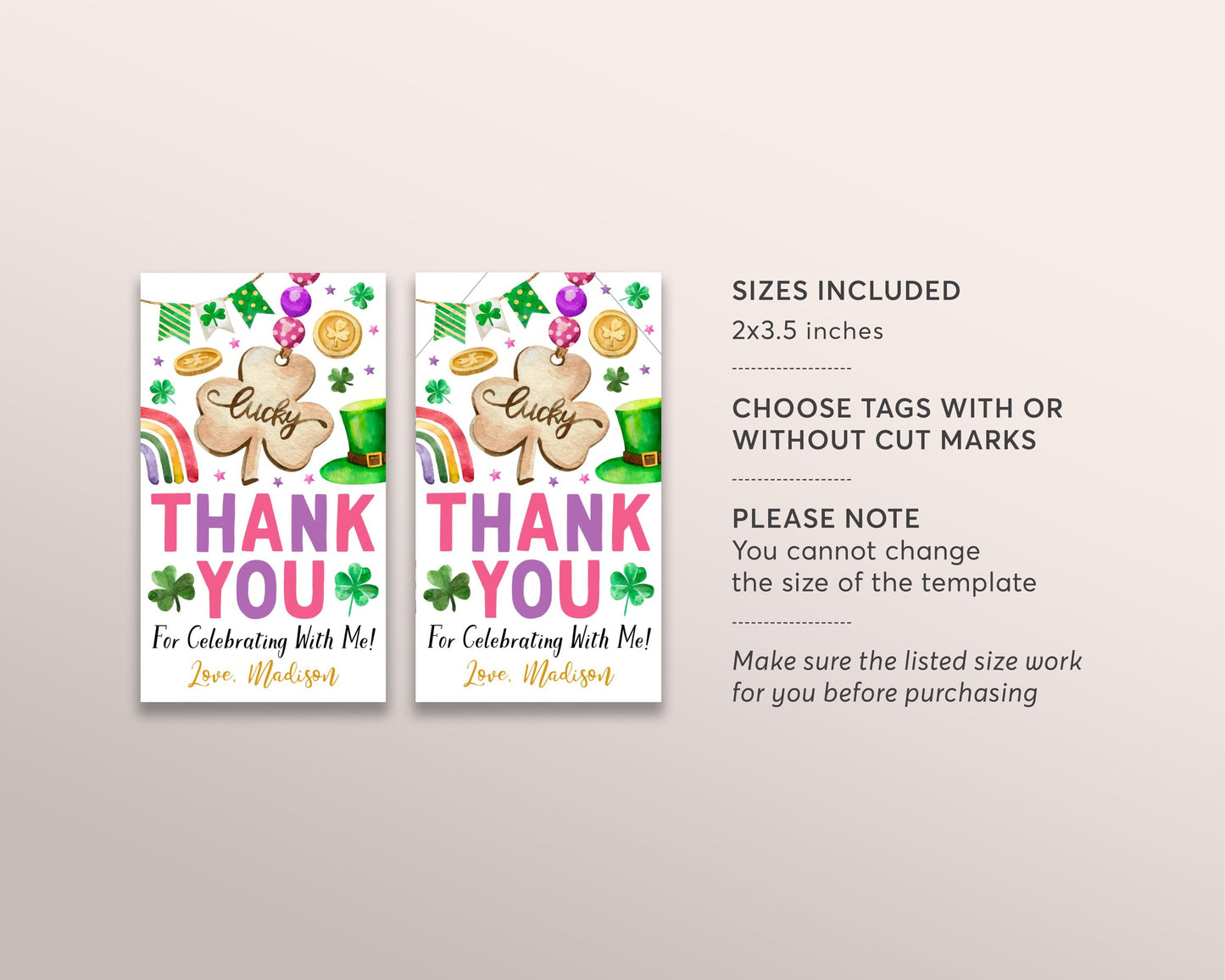 St Patricks Day Lucky Charm Birthday Party Favor Tags Editable Template, Shamrock Girl Birthday Thank You Treat Bag, Lucky One Gift Tags