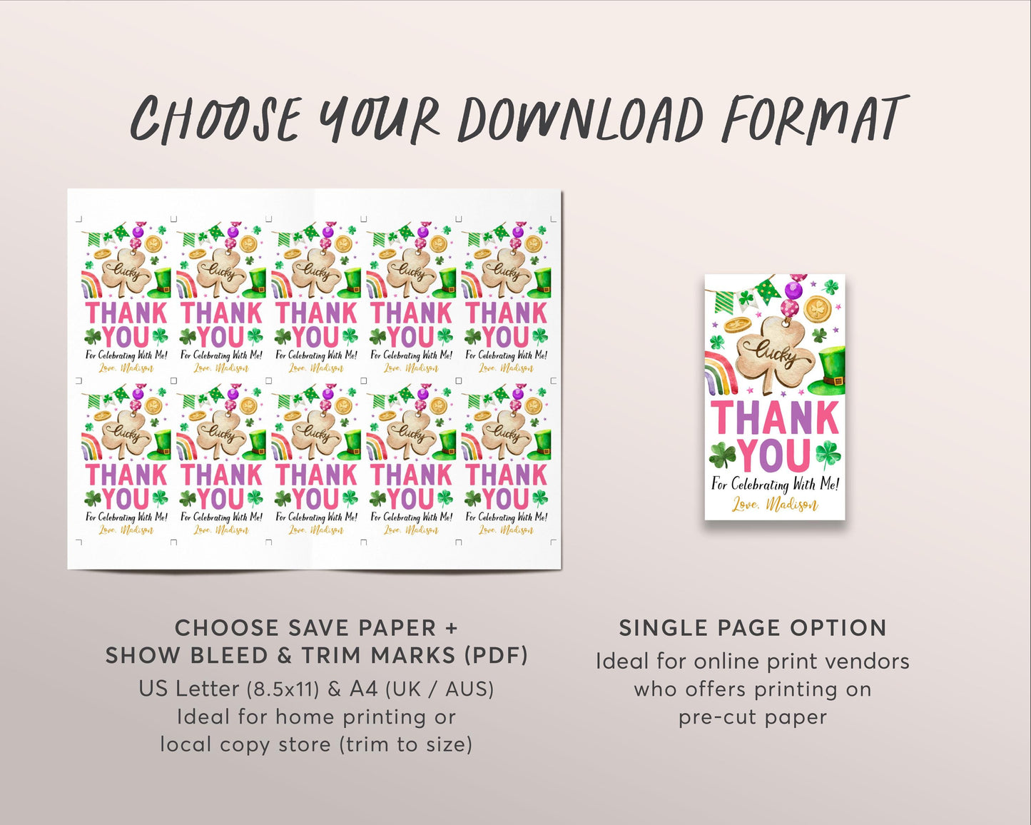 St Patricks Day Lucky Charm Birthday Party Favor Tags Editable Template, Shamrock Girl Birthday Thank You Treat Bag, Lucky One Gift Tags