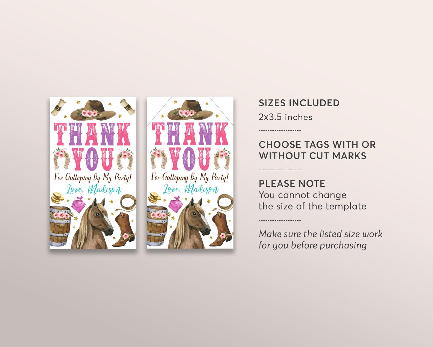 Rodeo Birthday Party Favor Tags Editable Template, Cowgirl Country Western Wild West Thank You Treat Bag, Horse Saddle Up Ranch Southwestern