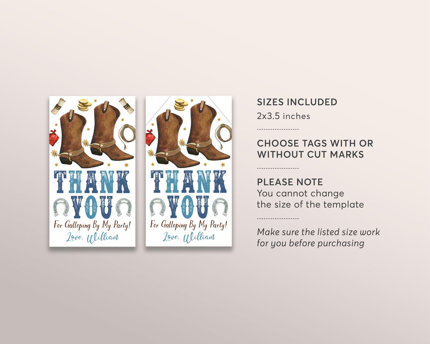 Little Cowboy Birthday Party Favor Tags Editable Template, Cowboy Boots Country Western Wild West Thank You Treat Bag, Southwestern Bandana