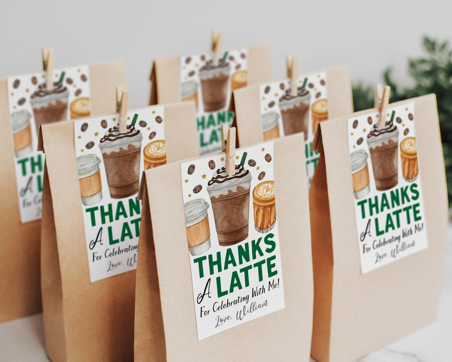 Coffee Birthday Party Favor Tags Editable Template, Thanks A Latte Fun Thank You Treat Bag, Cafe Frappuccino Frappe Coffee Theme Gift Tag