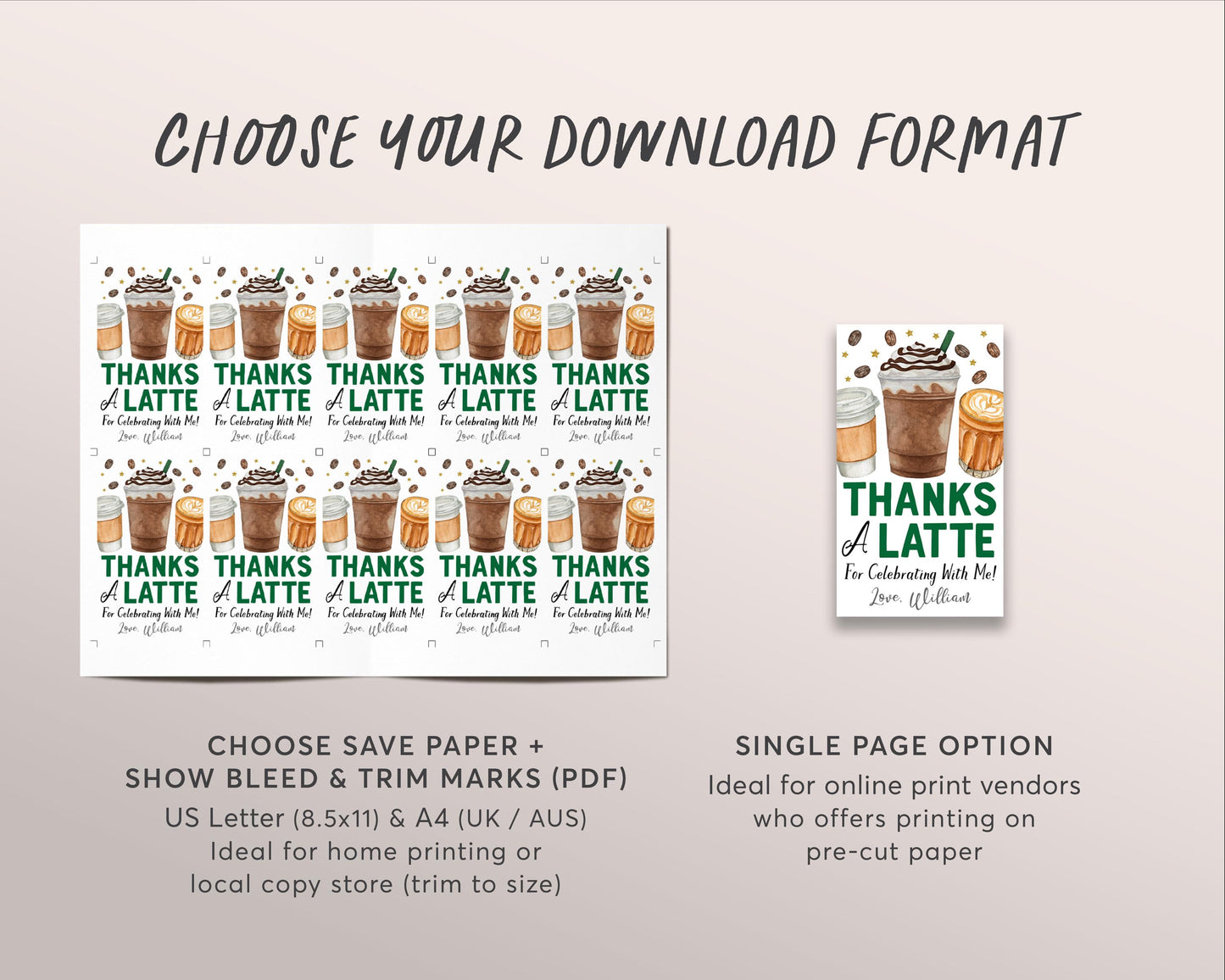 Coffee Birthday Party Favor Tags Editable Template, Thanks A Latte Fun Thank You Treat Bag, Cafe Frappuccino Frappe Coffee Theme Gift Tag