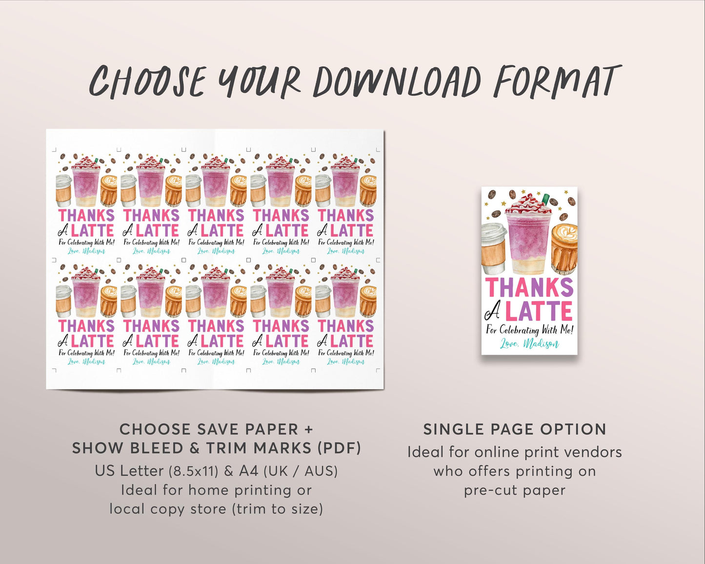 Coffee Birthday Party Favor Tags Editable Template, Girl Pink Thanks A Latte Fun Thank You Treat Bag, Cafe Frappuccino Frappe Theme Gift Tag