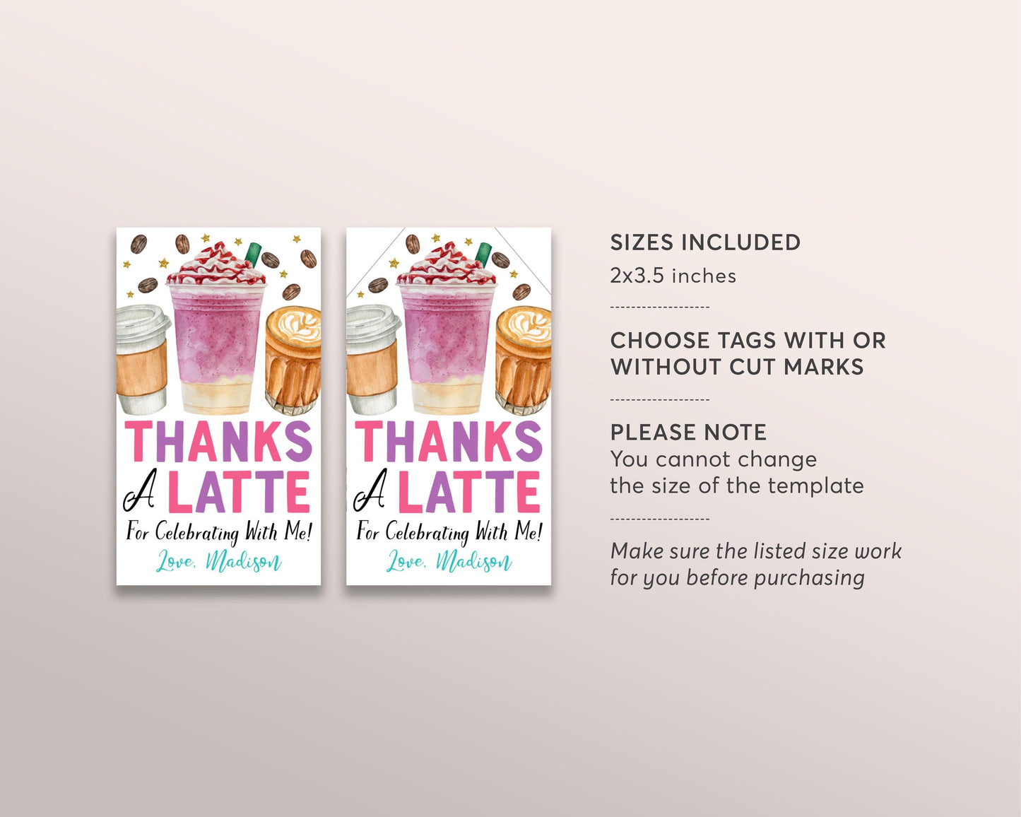 Coffee Birthday Party Favor Tags Editable Template, Girl Pink Thanks A Latte Fun Thank You Treat Bag, Cafe Frappuccino Frappe Theme Gift Tag