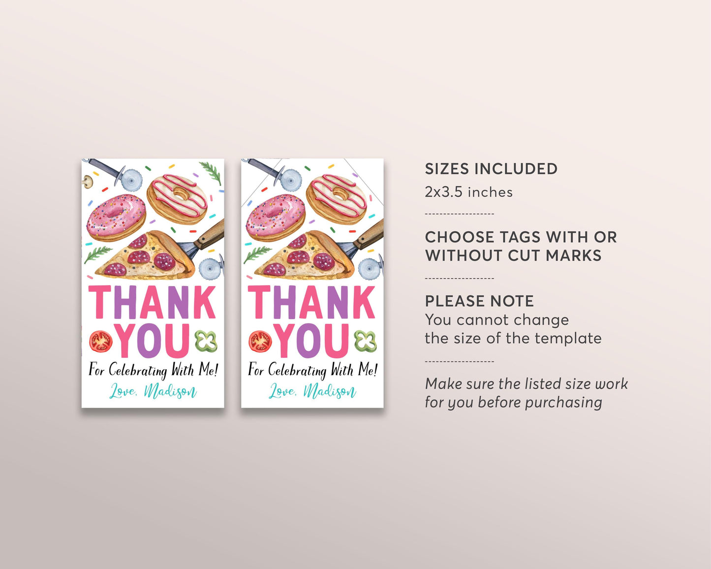 Pizza and Donuts Birthday Party Favor Tags Editable Template, Girl Donut And Pizza Thank You Treat Bag, Kids Pizzeria Pizza Making Gift Tag