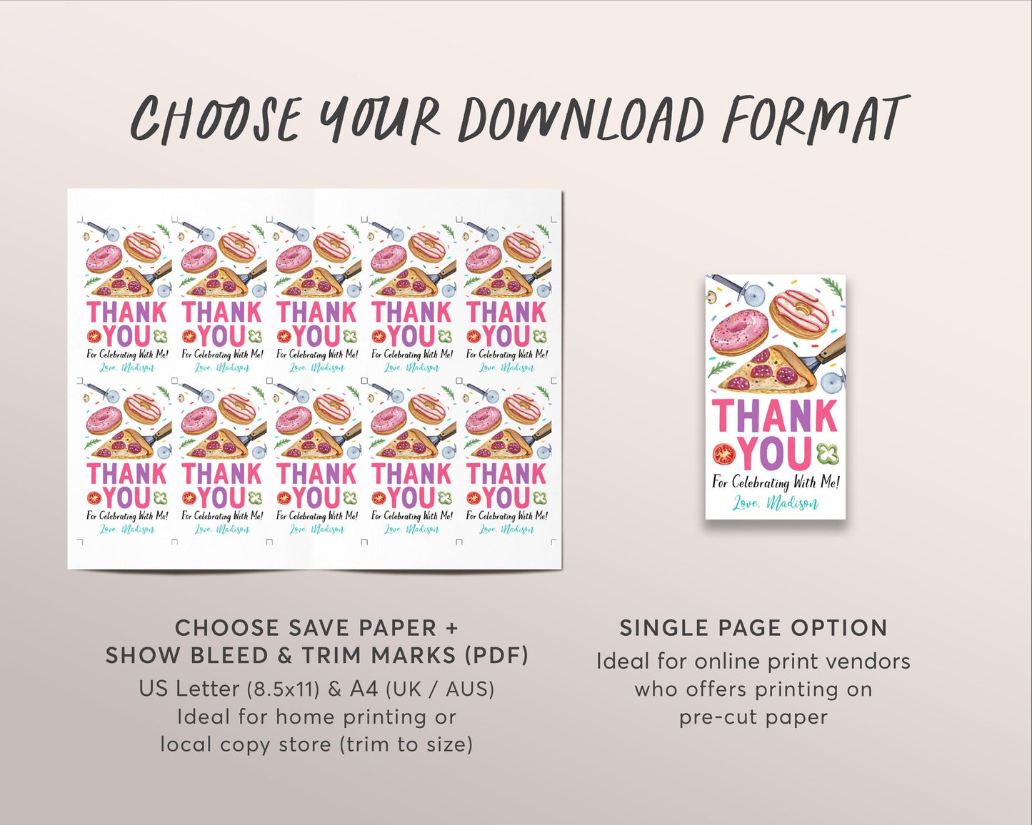 Pizza and Donuts Birthday Party Favor Tags Editable Template, Girl Donut And Pizza Thank You Treat Bag, Kids Pizzeria Pizza Making Gift Tag