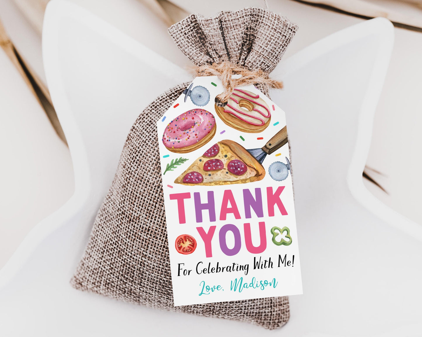 Pizza and Donuts Birthday Party Favor Tags Editable Template