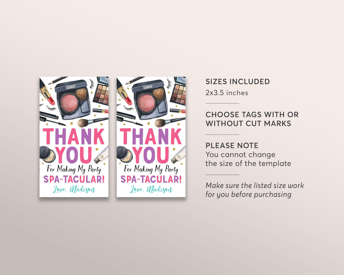 Glitz and Glam Birthday Party Favor Tags Editable Template, Makeup Pamper Party Spa Day Thank You Treat Bag, Makeover Blow Out Gift Tag Mani