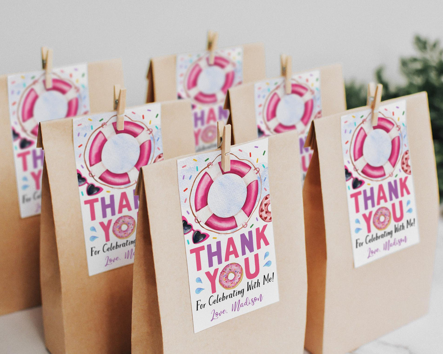 Donut Pool Party Birthday Party Favor Tags Editable Template, Girl Dunk and Donuts Thank You Treat Bag, Kids Summer Swimming Pool Party Tag