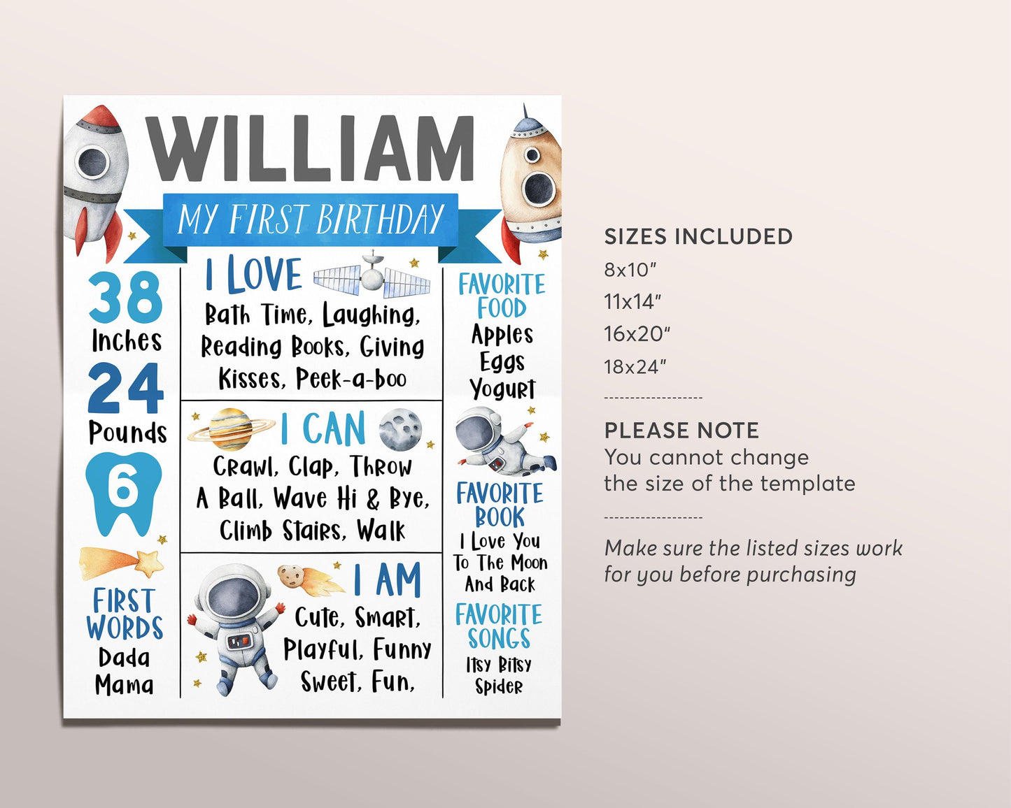Outer Space First Year Milestone Sign Editable Template, First Trip Around The Sun Birthday Decor Stats Poster, Astronaut One Year Stats