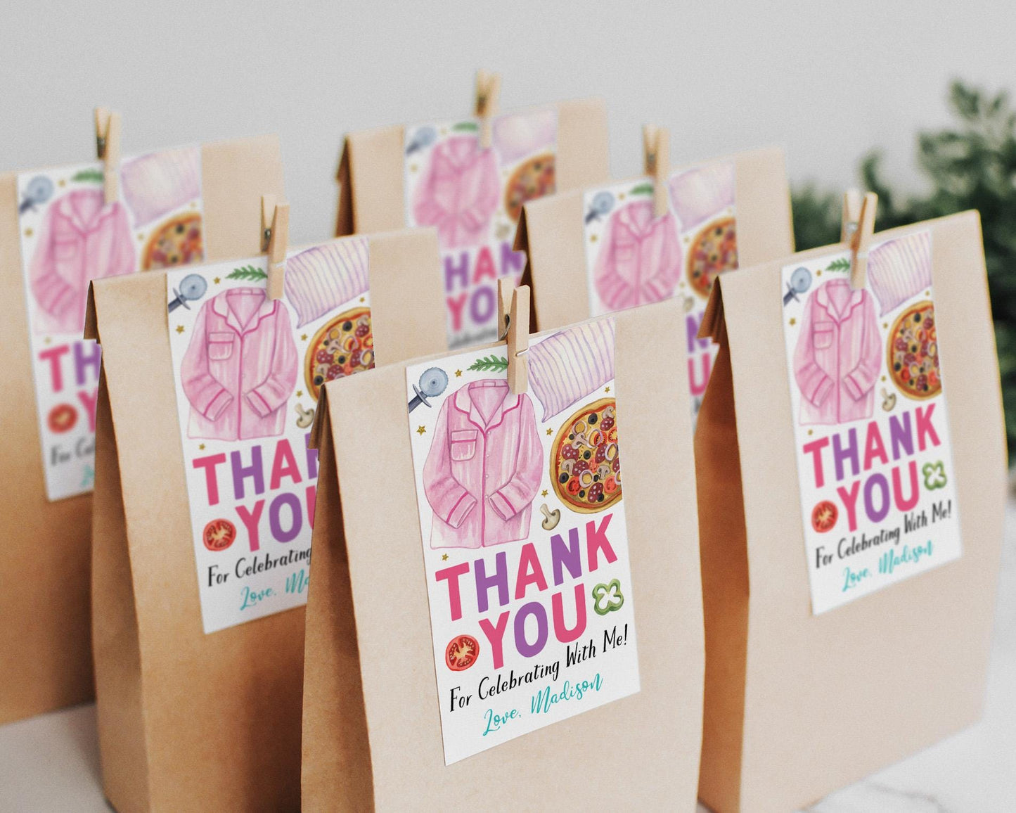 Pizza and Pajamas Birthday Favor Tags Editable Template, Girl Pizza And PJs Party Thank You Treat Bag, Pizzeria Slumber Party PJs Gift Tag