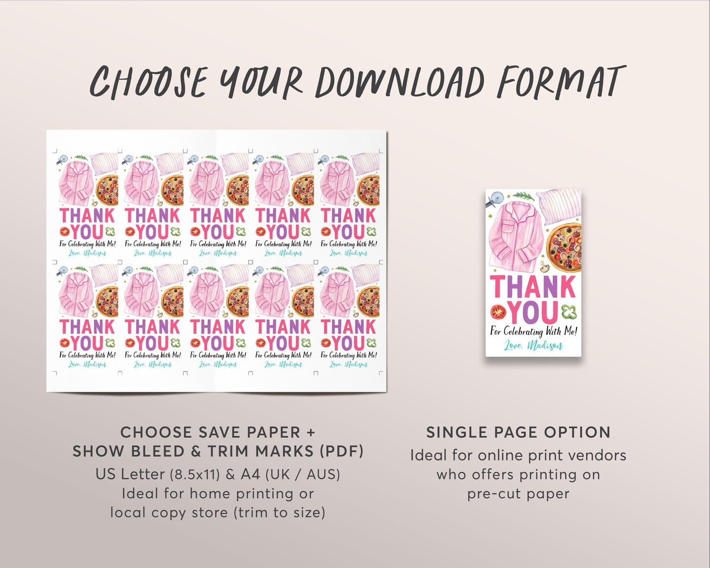 Pizza and Pajamas Birthday Favor Tags Editable Template, Girl Pizza And PJs Party Thank You Treat Bag, Pizzeria Slumber Party PJs Gift Tag