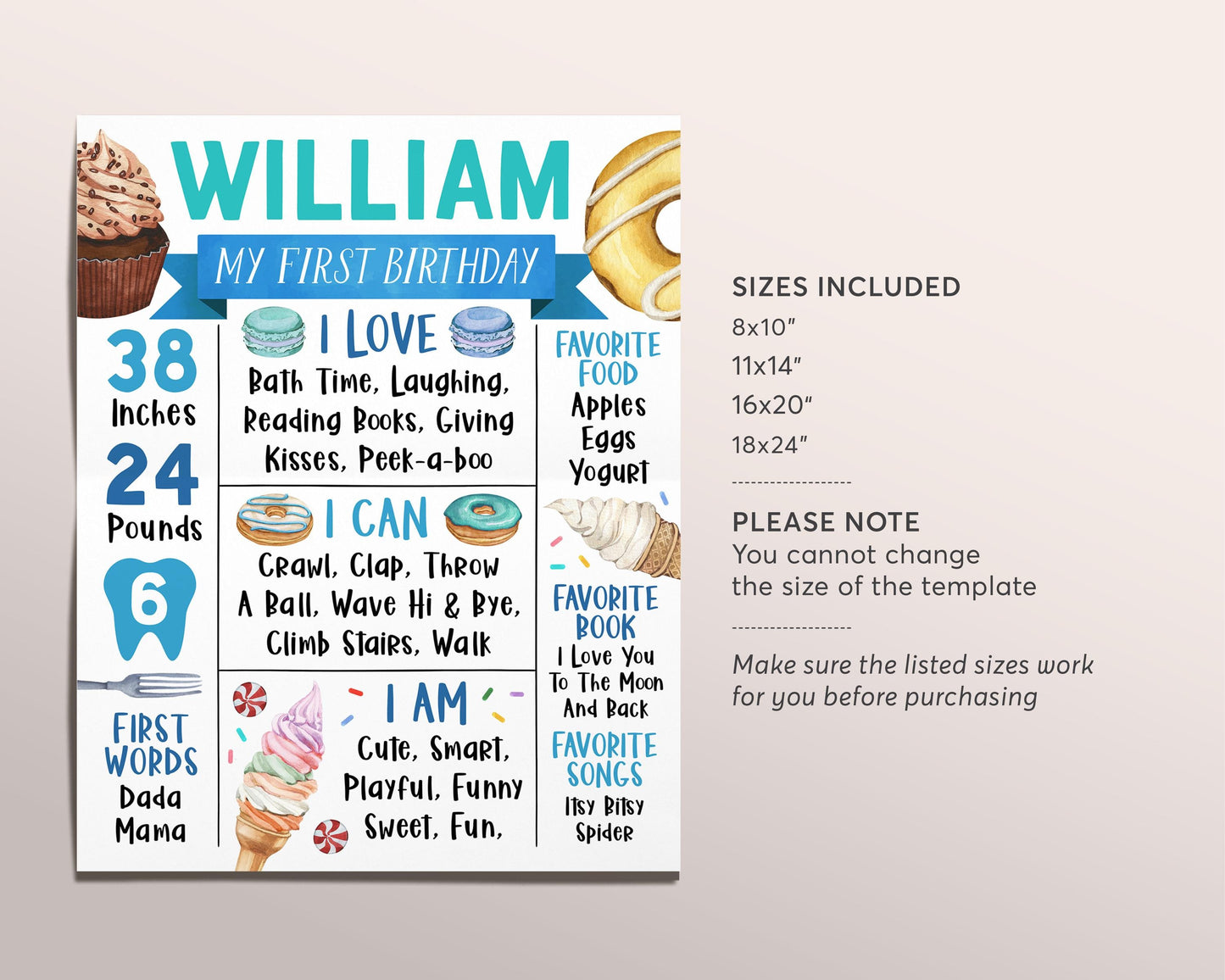 Sweet One First Year Milestone Sign Editable Template, Boy Donuts Cupcake Candy Dessert Party First Birthday Stats Poster One Year Board