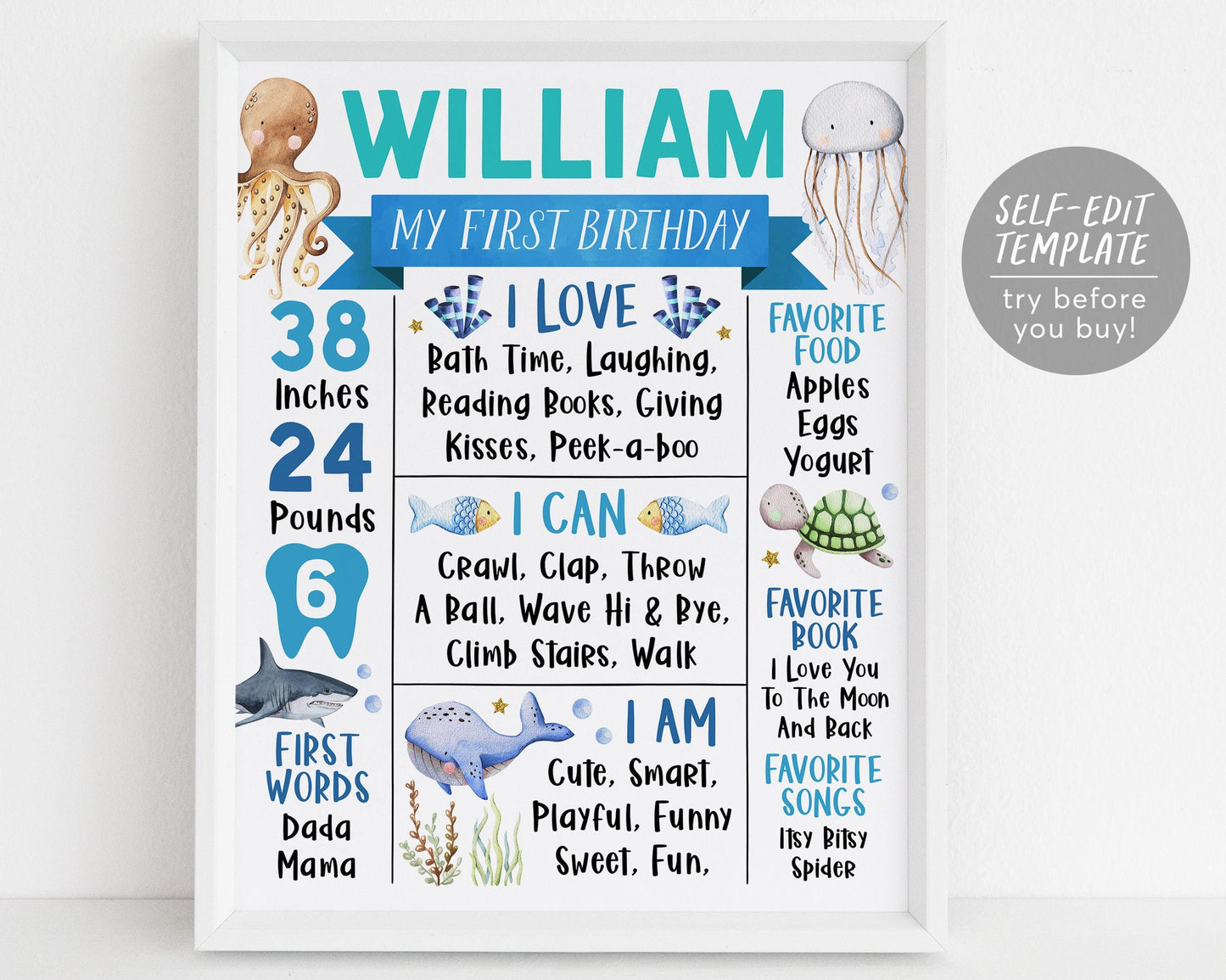 Under The Sea First Year Milestone Sign Editable Template