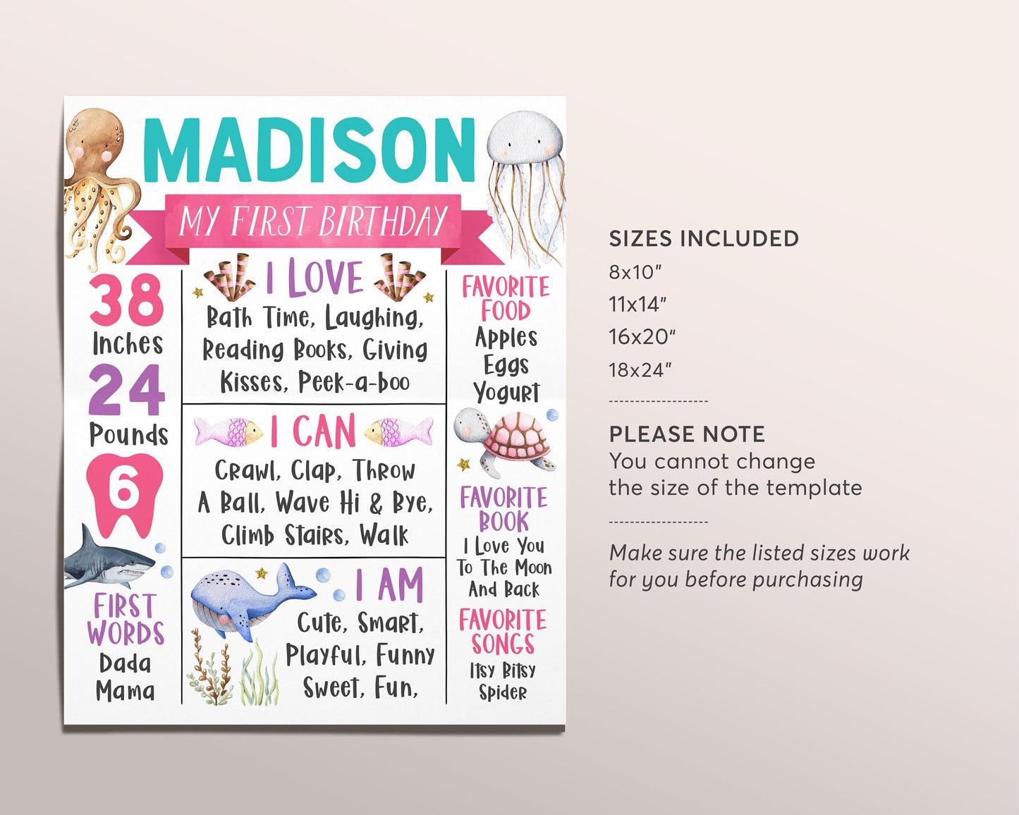 Under The Sea First Year Milestone Sign Editable Template, Girl Oneder The Sea First Birthday Stats Poster, Aquarium Ocean Octopus One Year