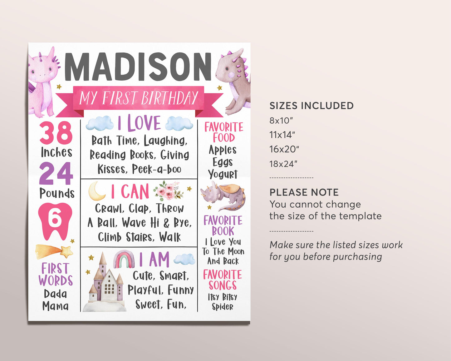 Dragon First Year Milestone Sign Editable Template, Girl Magical Little Dragon Party Birthday Birth Stats Poster, Dragons One Year Board