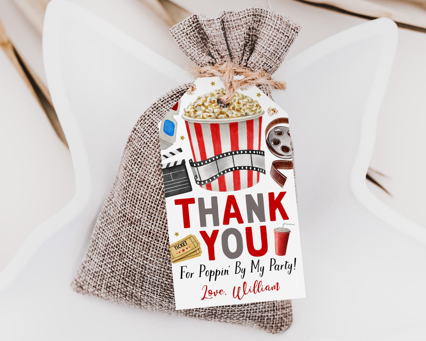 Movie Night Birthday Party Favor Tags Editable Template