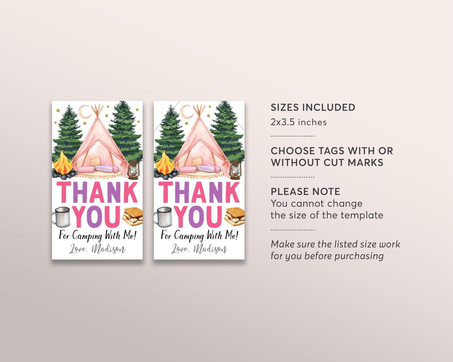 Camping Birthday Party Favor Tags Editable Template, Girl Outdoor Camp Out Party Thank You Treat Bag, Kids One Happy Camper Tent Gift Tag