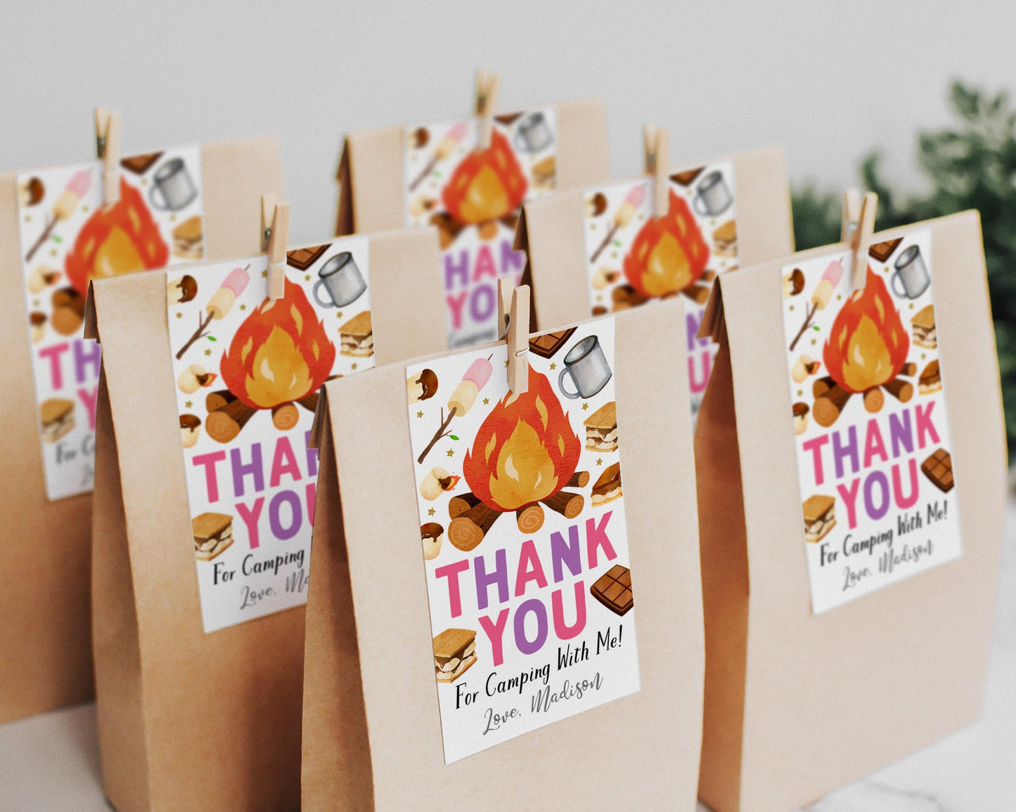 Bonfire S'mores Birthday Party Favor Tags Editable Template, Girl Kids Backyard Campfire Party Thank You Treat Bag, Kids Camping Gift Tag