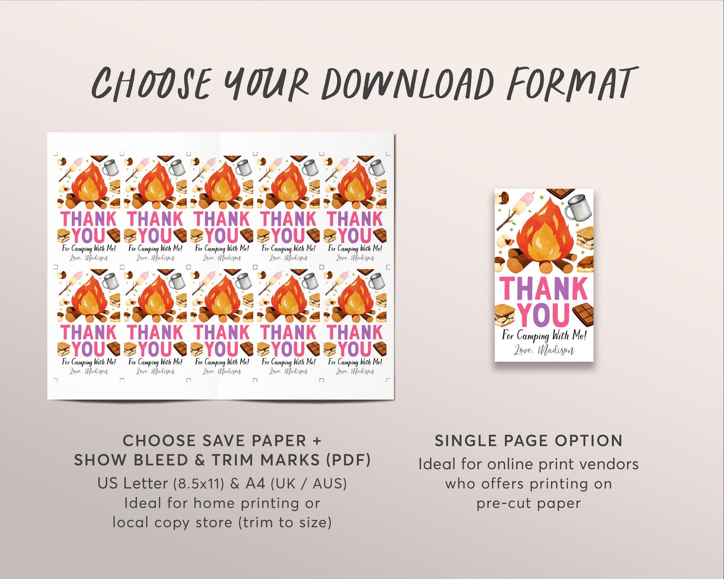 Bonfire S'mores Birthday Party Favor Tags Editable Template, Girl Kids Backyard Campfire Party Thank You Treat Bag, Kids Camping Gift Tag