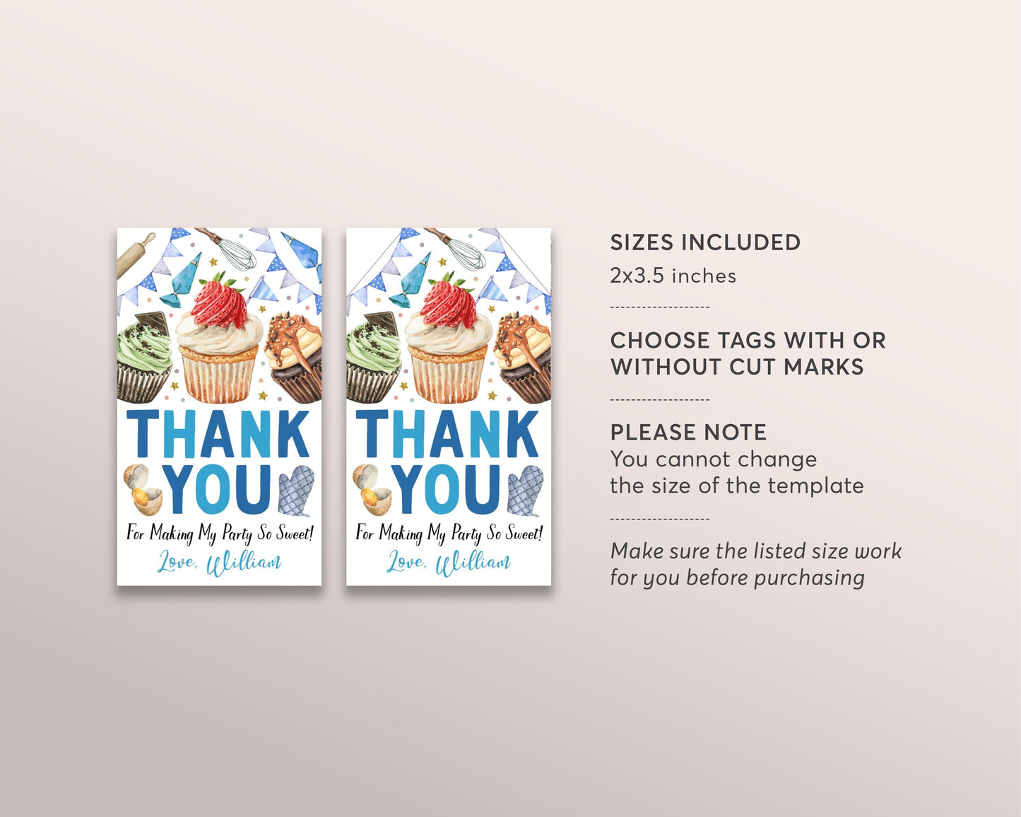 Cupcake Birthday Party Favor Tags Editable Template, Boy Cupcake Wars Thank You Treat Bag, Kids Baking Competition Cake Decorating Gift Tag