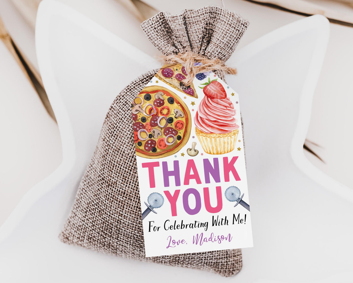 Pizza And Cupcakes Birthday Party Favor Tags Editable Template