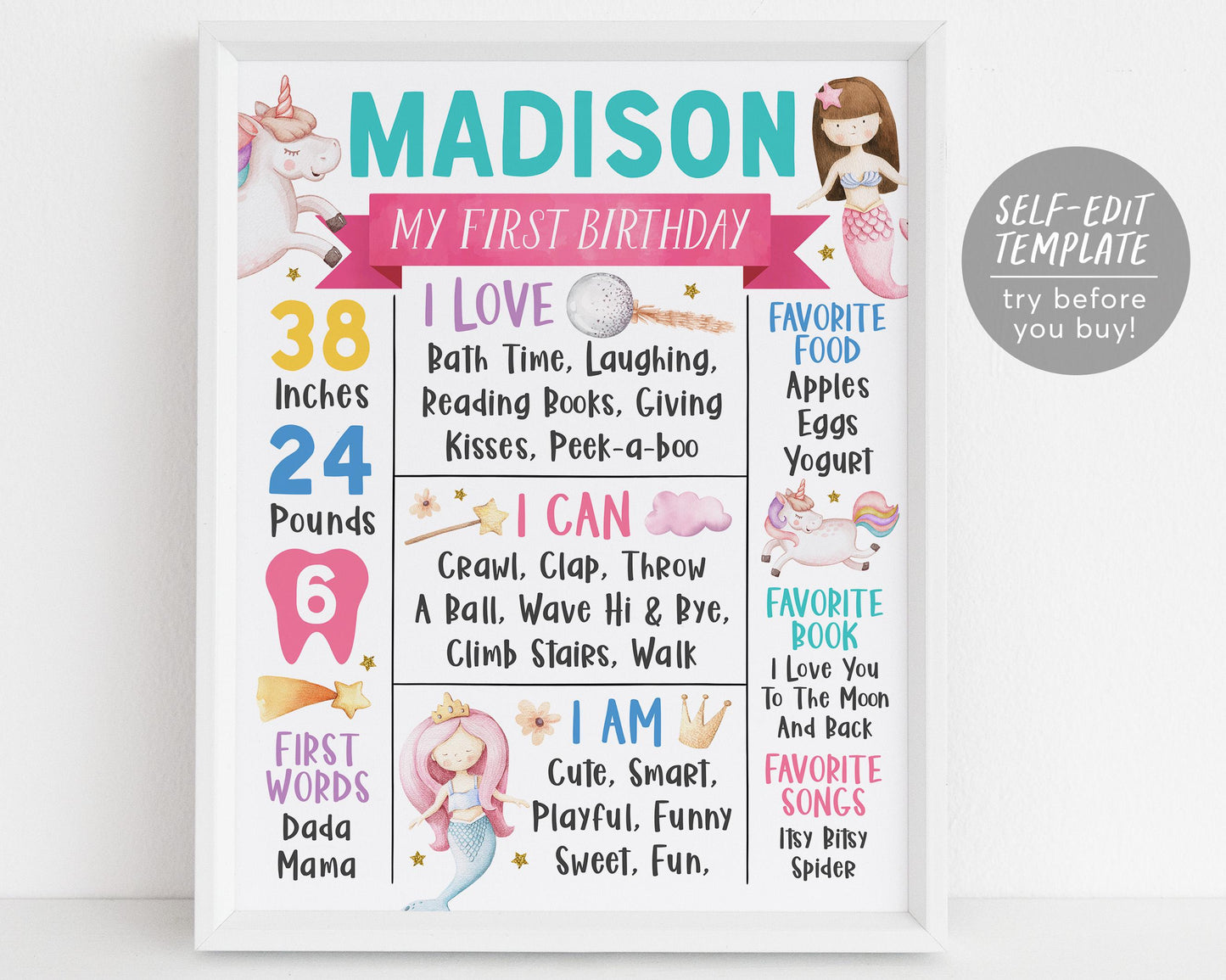 Mermaids And Unicorns First Year Milestone Sign Editable Template
