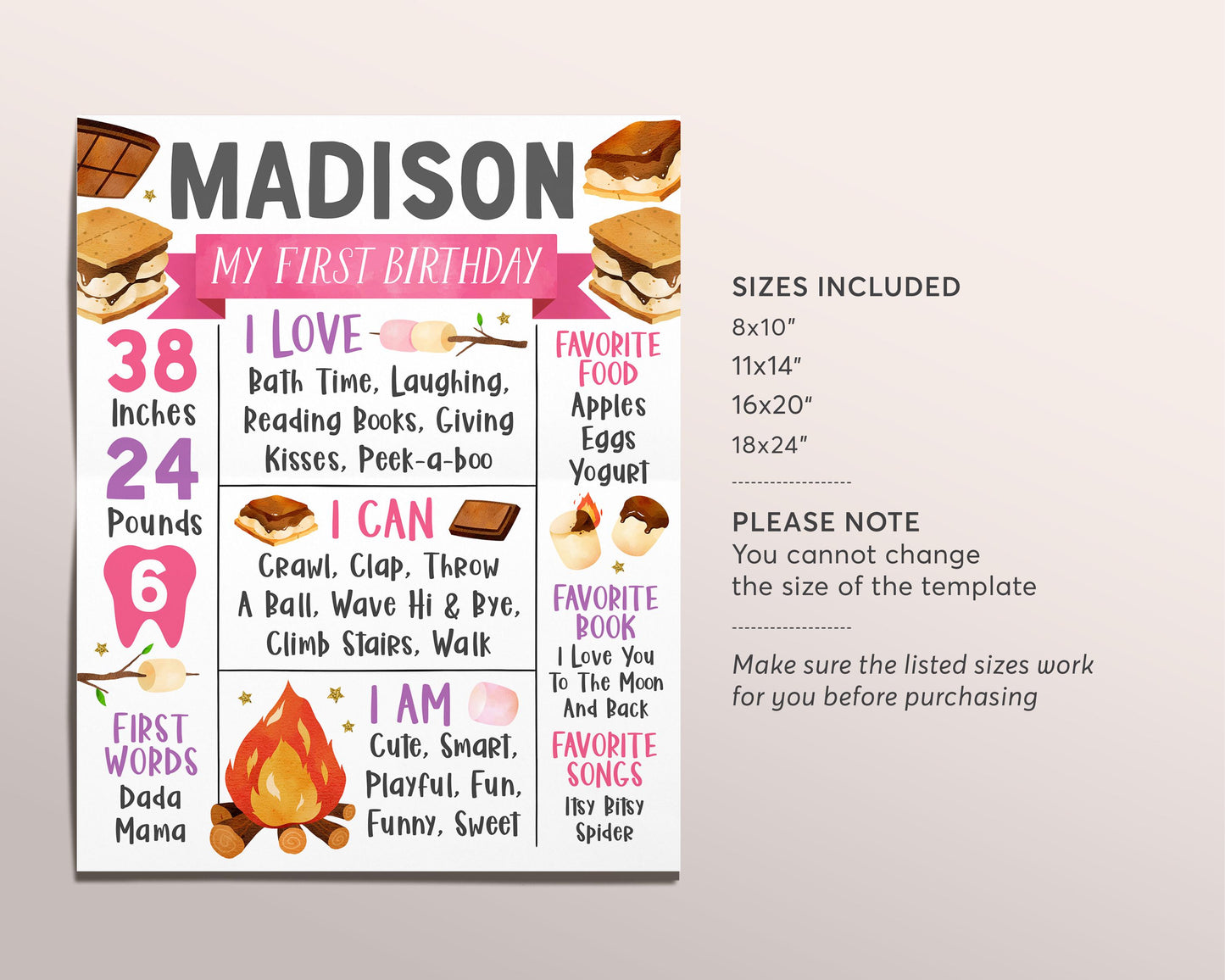S'mores First Year Milestone Sign Editable Template, Bonfire Smore Campfire Birthday Party Birth Stat, Backyard Camping One Year Board