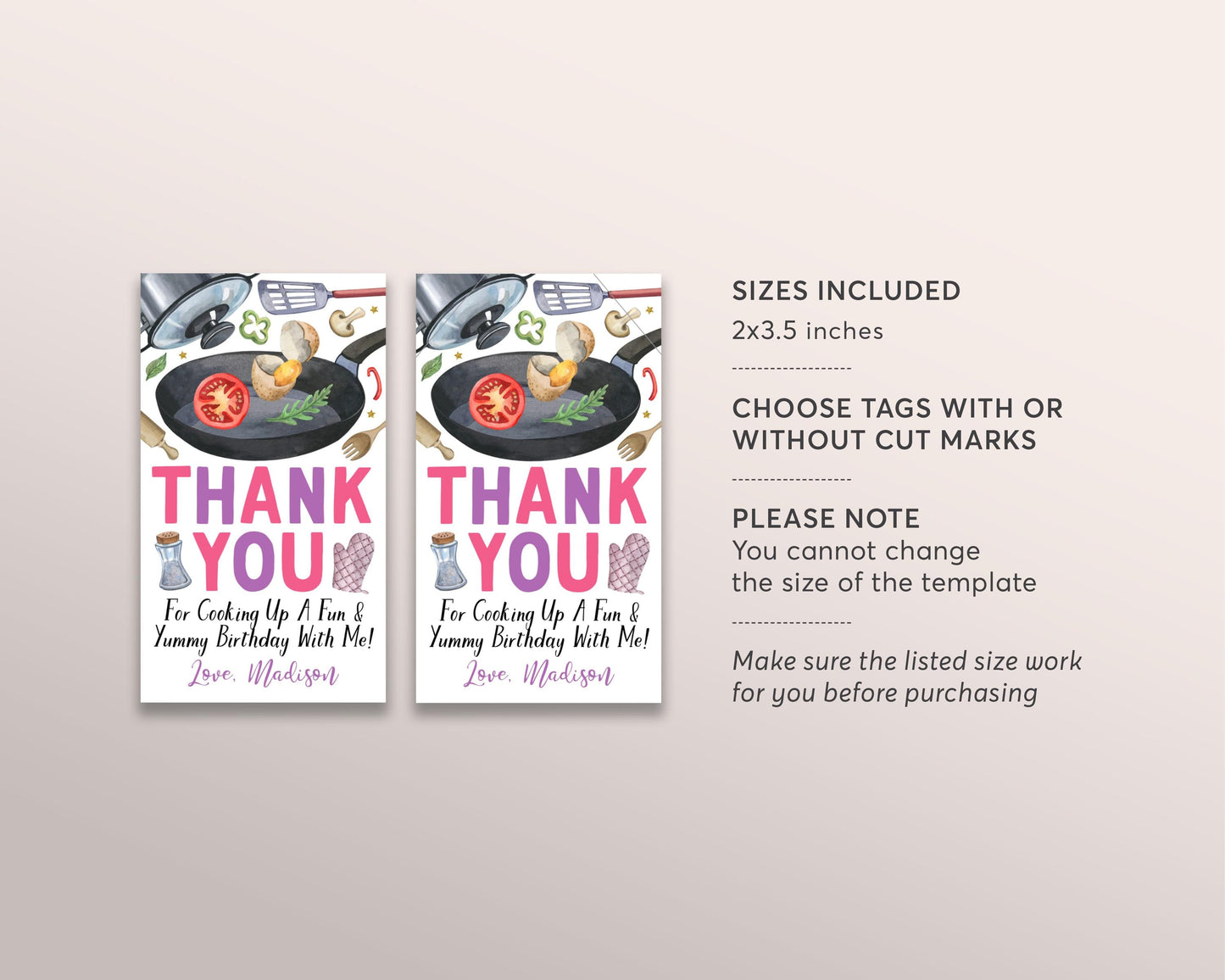 Cooking Birthday Party Favor Tags Editable Template, Girl Little Chef Cooking Class Thank You Treat Bag, Kids Cooking Party Kitchen Gift Tag