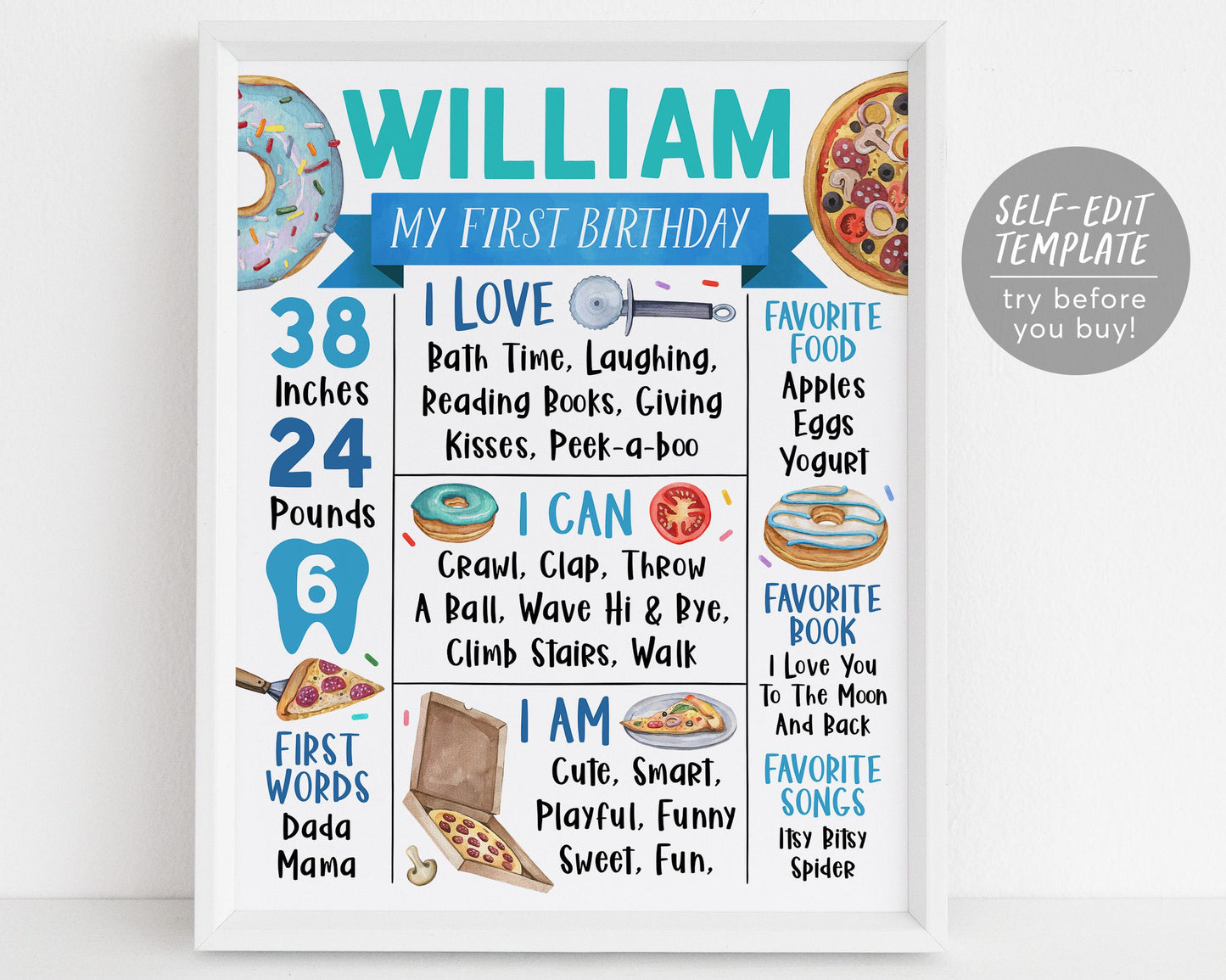 Pizza and Donuts First Year Milestone Sign Editable Template