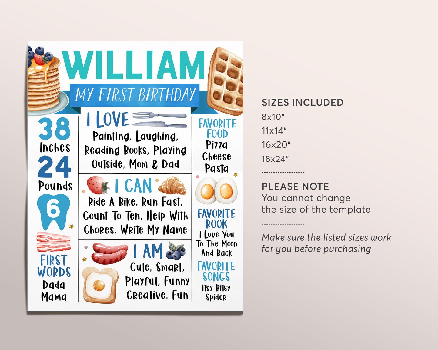 Breakfast Brunch First Year Milestone Sign Editable Template, Boy Rise And Shine Birthday Decor Birth Stats Poster, Pancakes One Year Board
