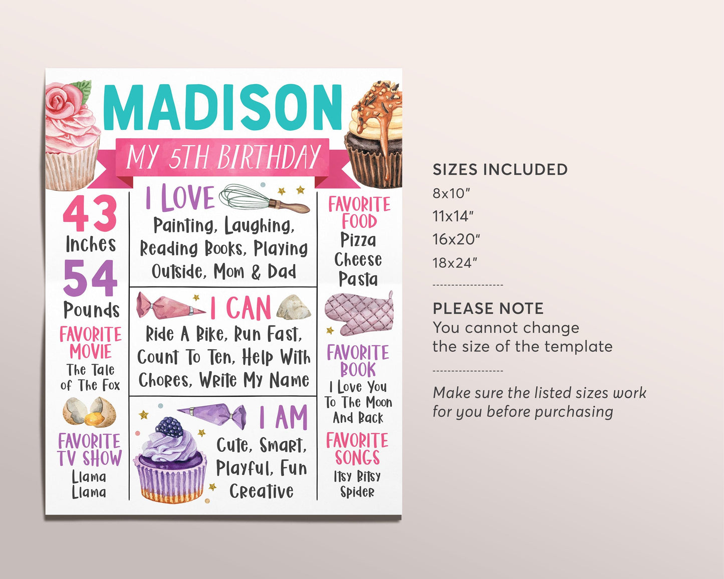 Cupcake Decorating Birthday Milestone Sign Editable Template, Girl Sweet One Baking Party Birth Stats Poster, Kids Little Chef Memory Board