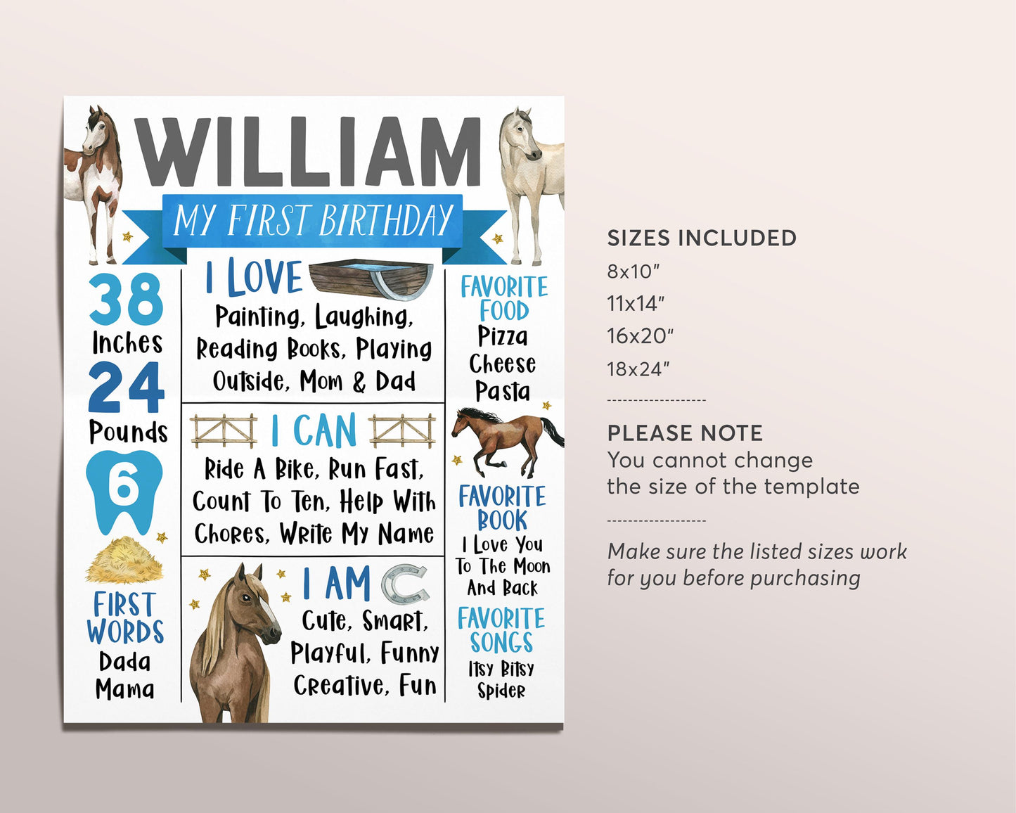 Horse Birthday First Year Milestone Sign Editable Template, Cowboy Equestrian Party Stats Poster, Boy First Rodeo Wild Horses One Year Board