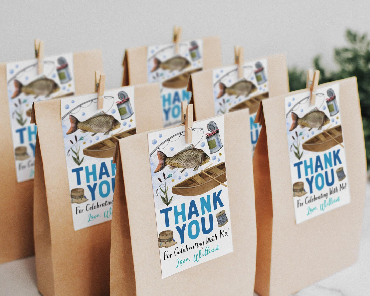 Fishing Birthday Party Favor Tags Editable Template, Boy Reeling In A Ton Of Fun Thank You Treat Bag, Fish Party Fishing Reel Gift Tags