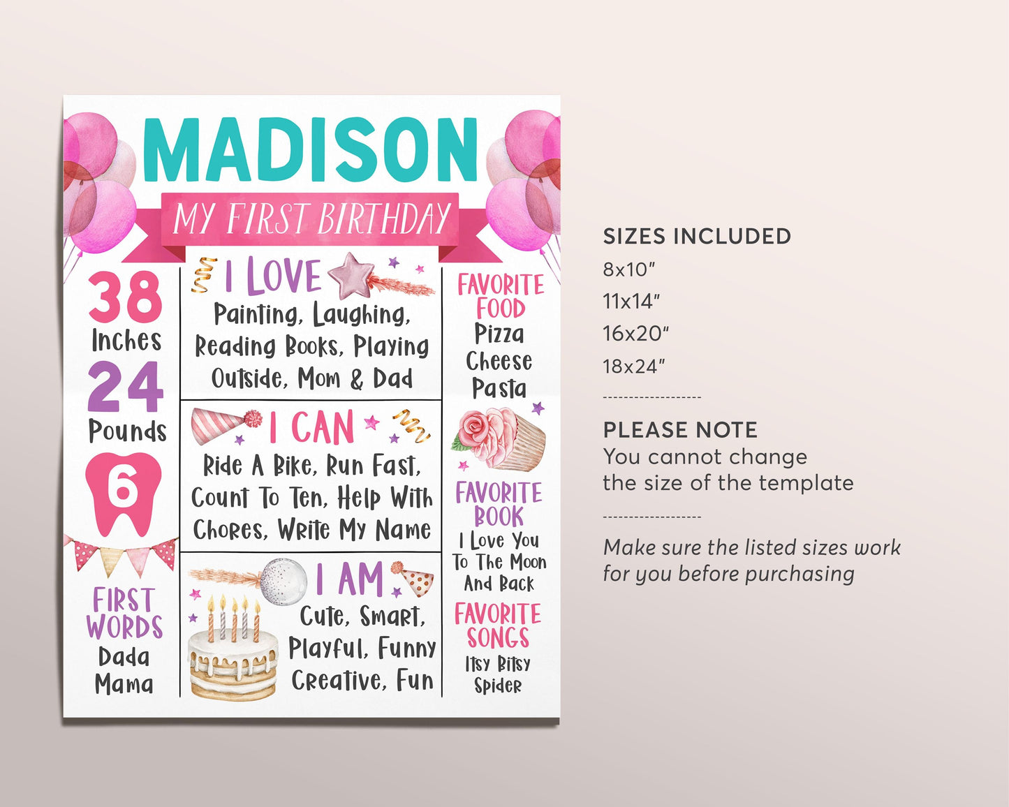 Birthday First Year Milestone Sign Editable Template, Girl Birthday Party Any Age Birth Stats Poster, Pink Balloons One Year Memory Board