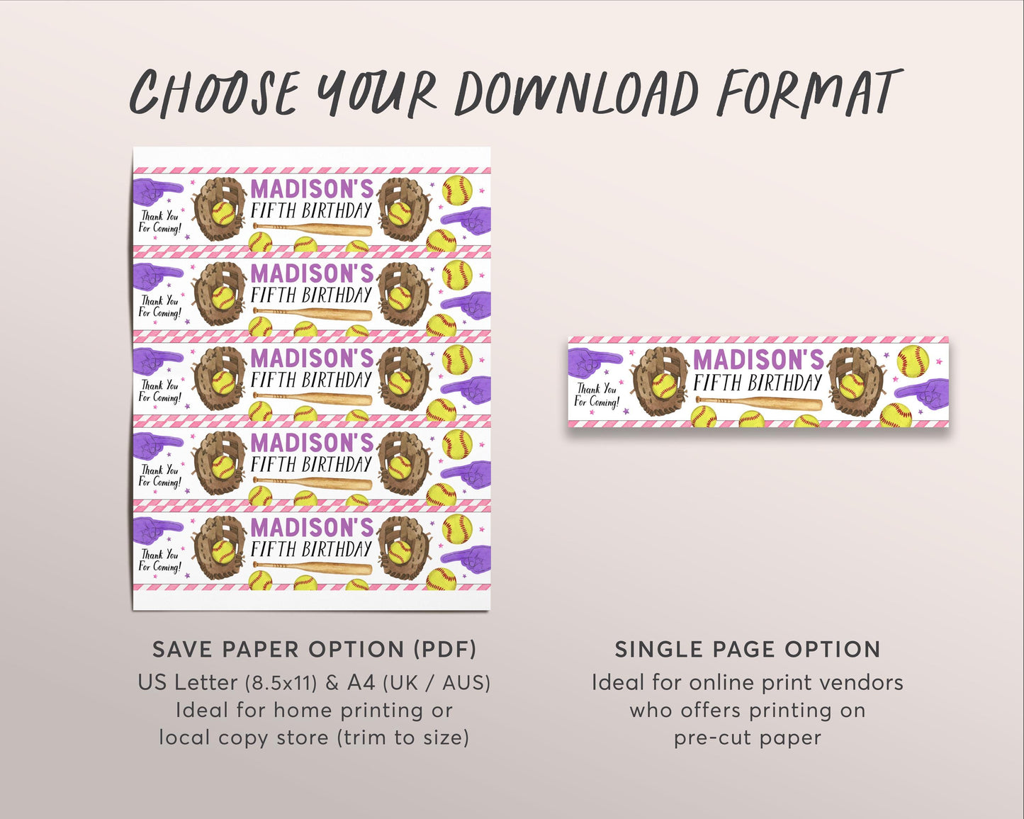 Softball Water Bottle Labels Editable Template, Girl Swing On Over Softball Birthday Party Bottle Wrapper Drink Tags, Kids Sports Game Day