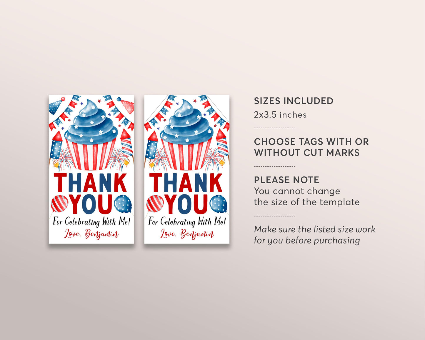 4th of July Birthday Favor Tags Editable Template, Independence Day Patriotic Fireworks Thank You Treat Bag, Sweet Fourth Of July Gift Tags