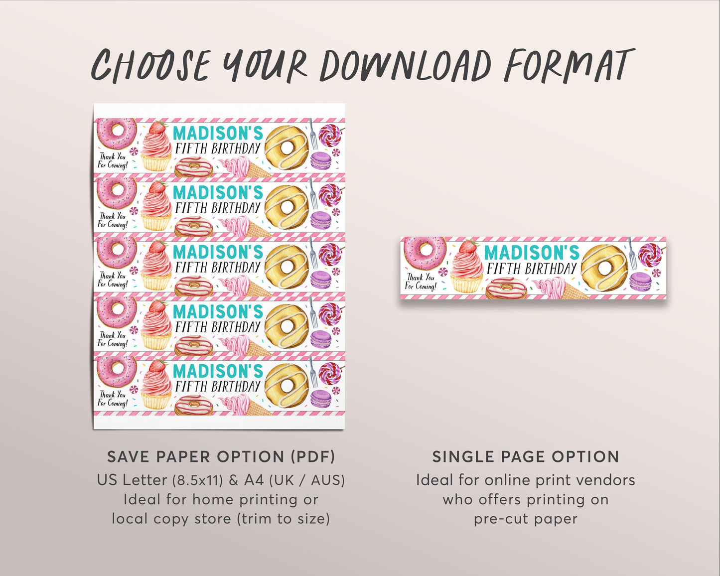 Sweet One Water Bottle Labels Editable Template, Dessert First Birthday Party Bottle Wrapper Drink Tags, Donut Candy Sweets Bottle Wrap