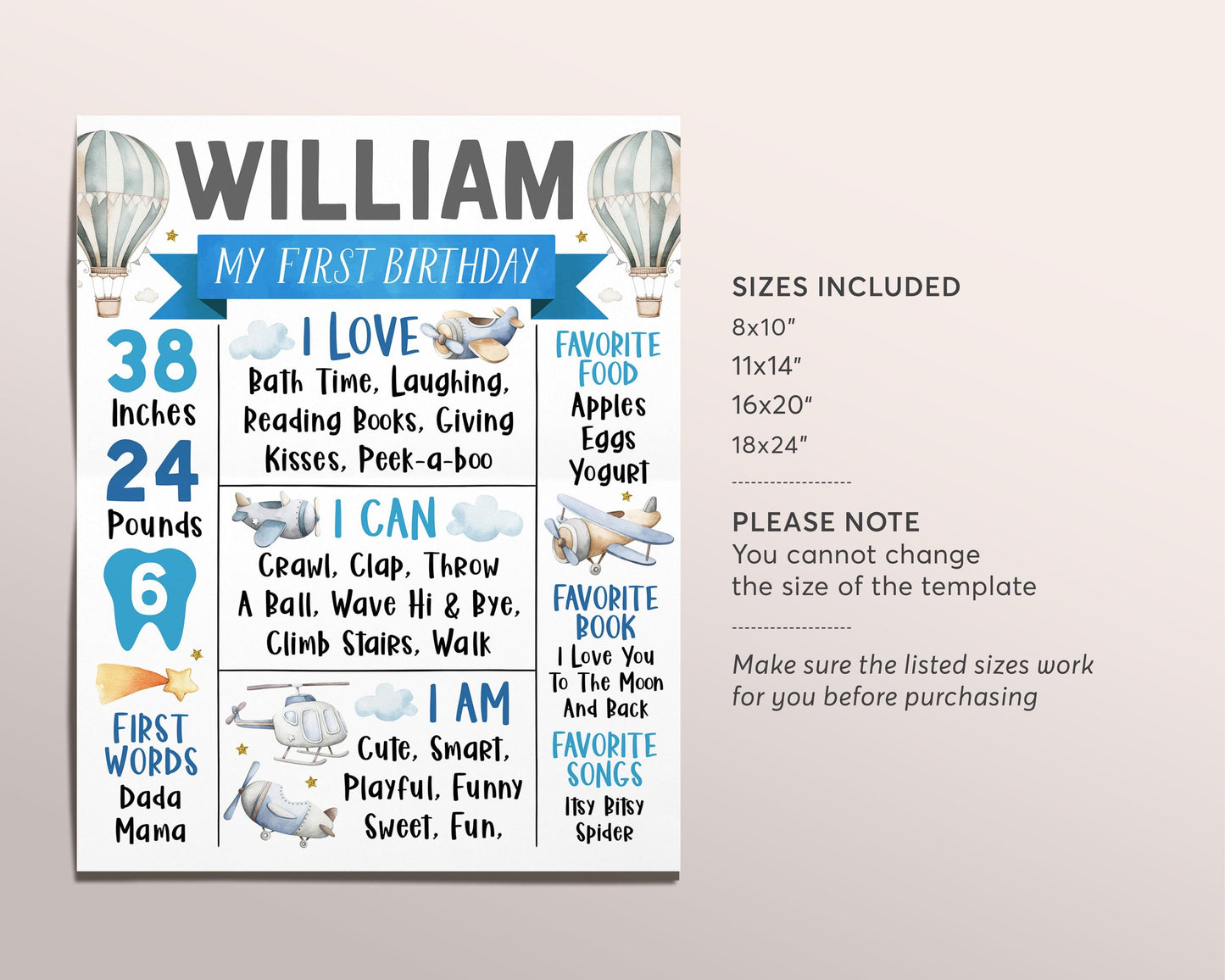 Airplane First Year Milestone Sign Editable Template, Plane 1st First Birthday Decor Stats Poster, One Year Hot Air Balloon Time Flies Stats