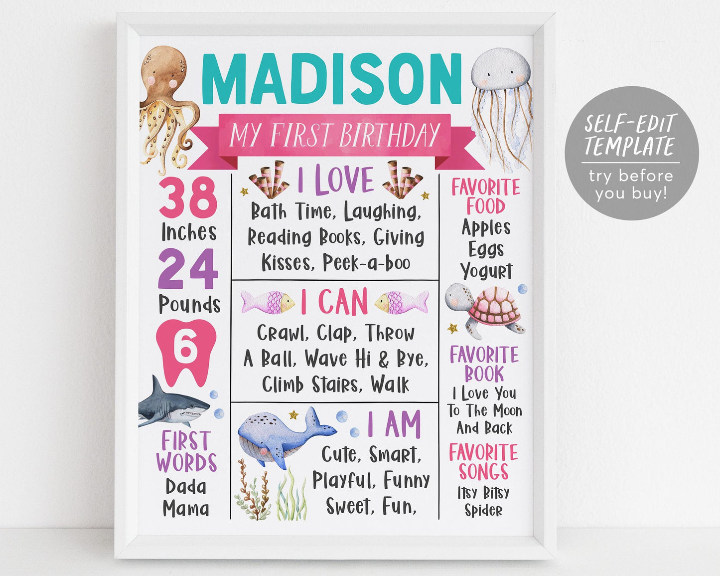 Under The Sea First Year Milestone Sign Editable Template