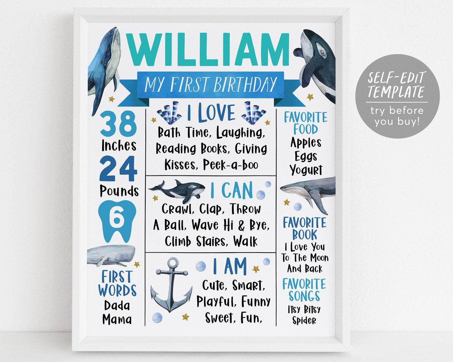Whale First Year Milestone Sign Editable Template