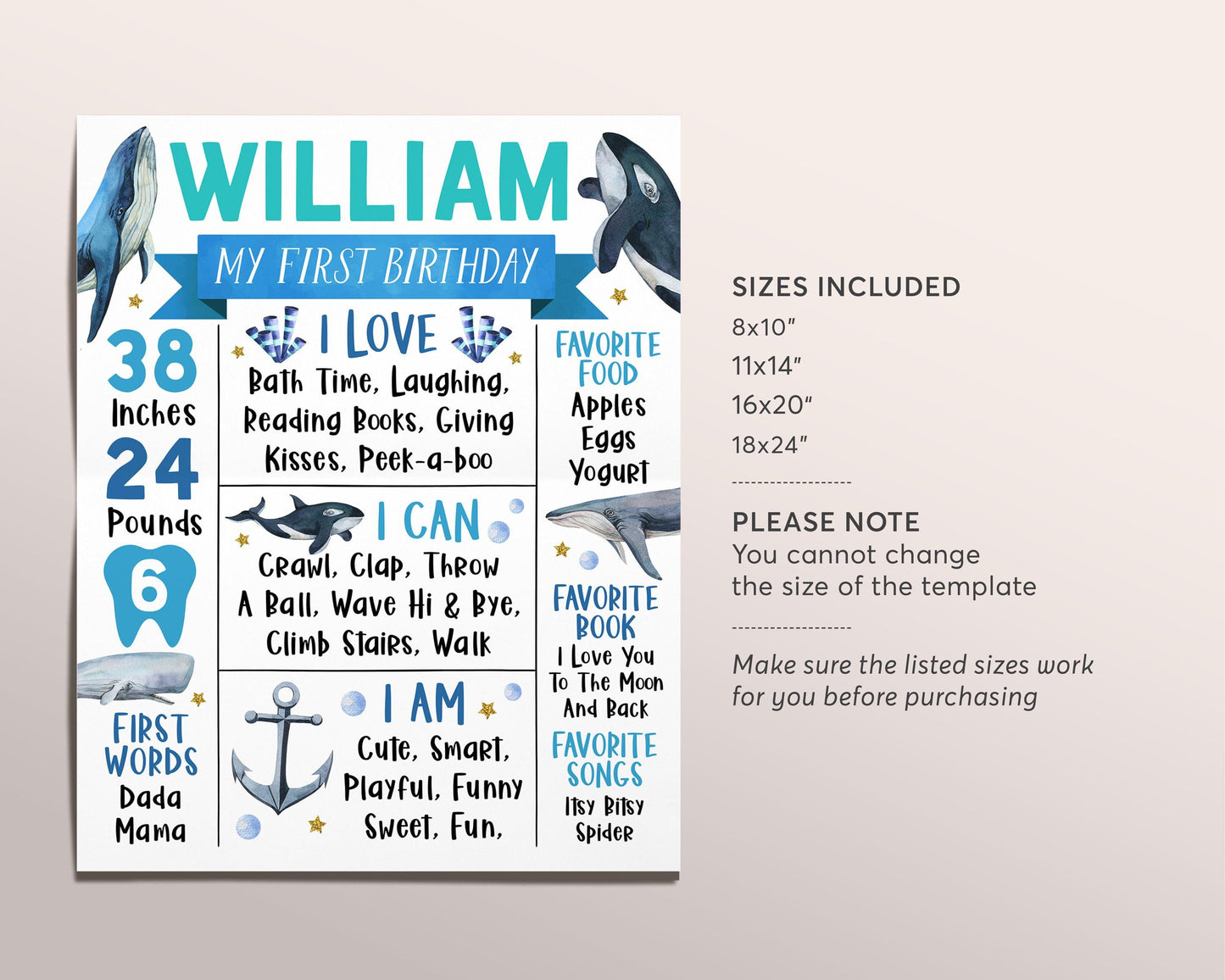 Whale First Year Milestone Sign Editable Template, Boy Under The Sea Birthday Party Birth Stats Poster, Nautical One Year Memory Board Sign
