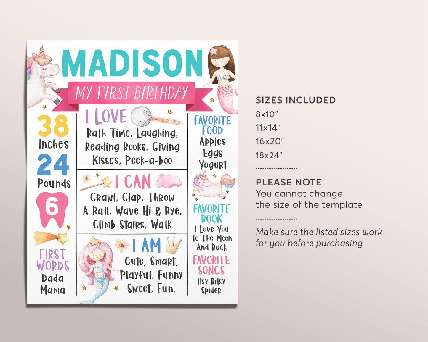 Mermaids And Unicorns First Year Milestone Sign Editable Template, Unicorn Mermaid Magical Celebration Birthday Birth Stats Poster Board