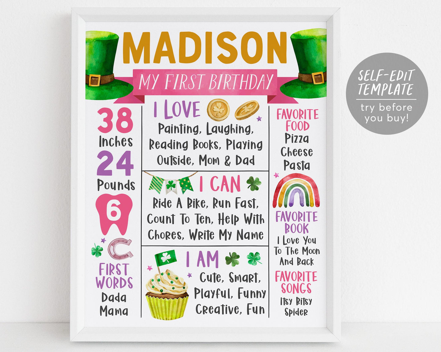 St Patrick's Day Birthday First Year Milestone Sign Editable Template