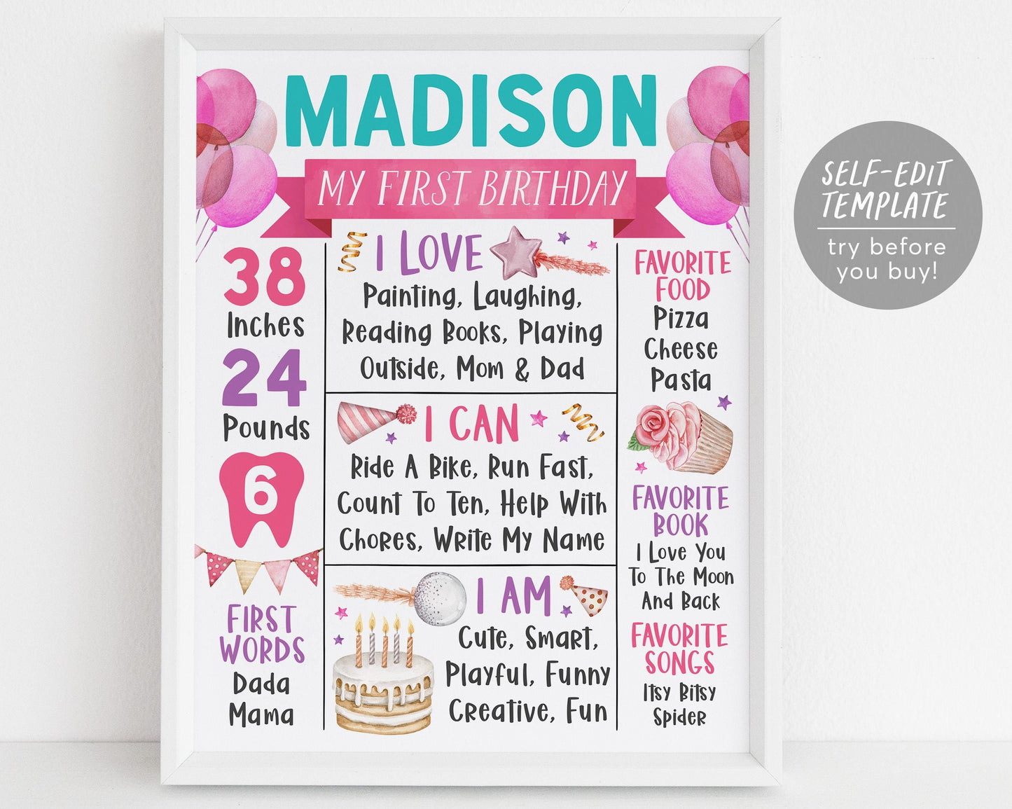 Birthday First Year Milestone Sign Editable Template
