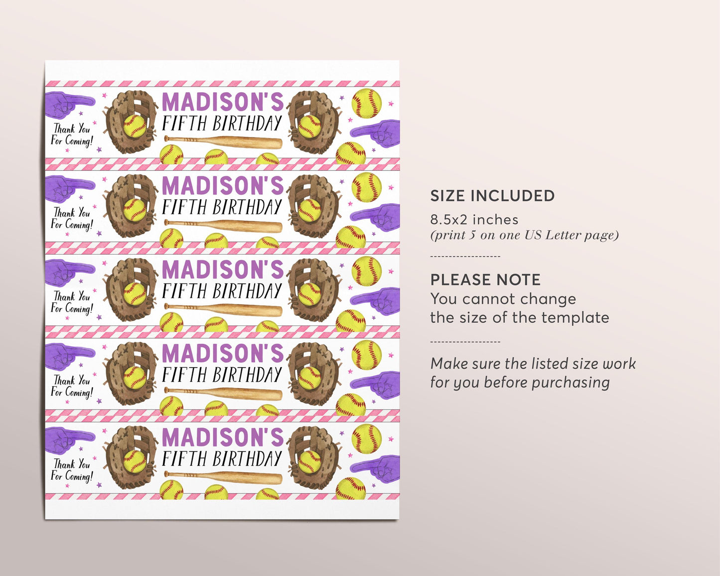 Softball Water Bottle Labels Editable Template, Girl Swing On Over Softball Birthday Party Bottle Wrapper Drink Tags, Kids Sports Game Day