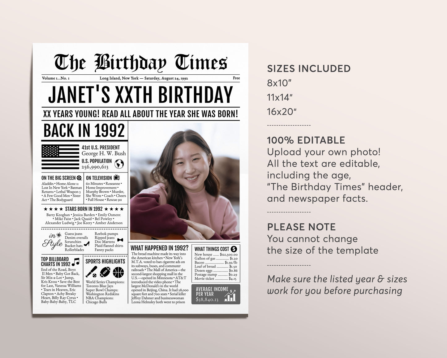 Back in 1992 Birthday Newspaper Editable Template, 31 32 33 Years Ago, 31st 32nd 33rd Birthday Sign Decorations Decor for Men or Women