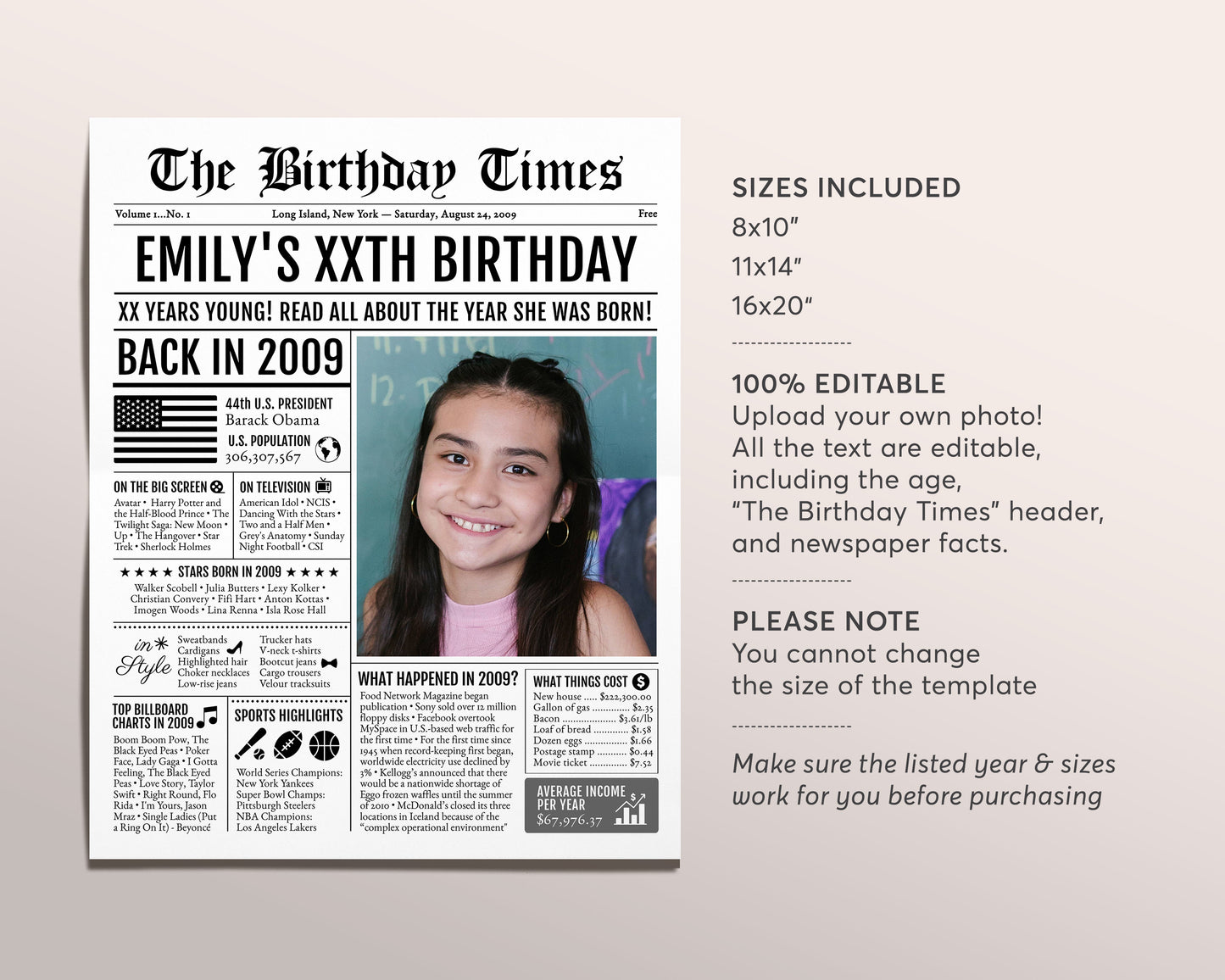 Back in 2009 Birthday Newspaper Editable Template, 14 15 16 Years Ago, 14th 15th 16th 17th Birthday Sign Decorations Decor for Men or Women